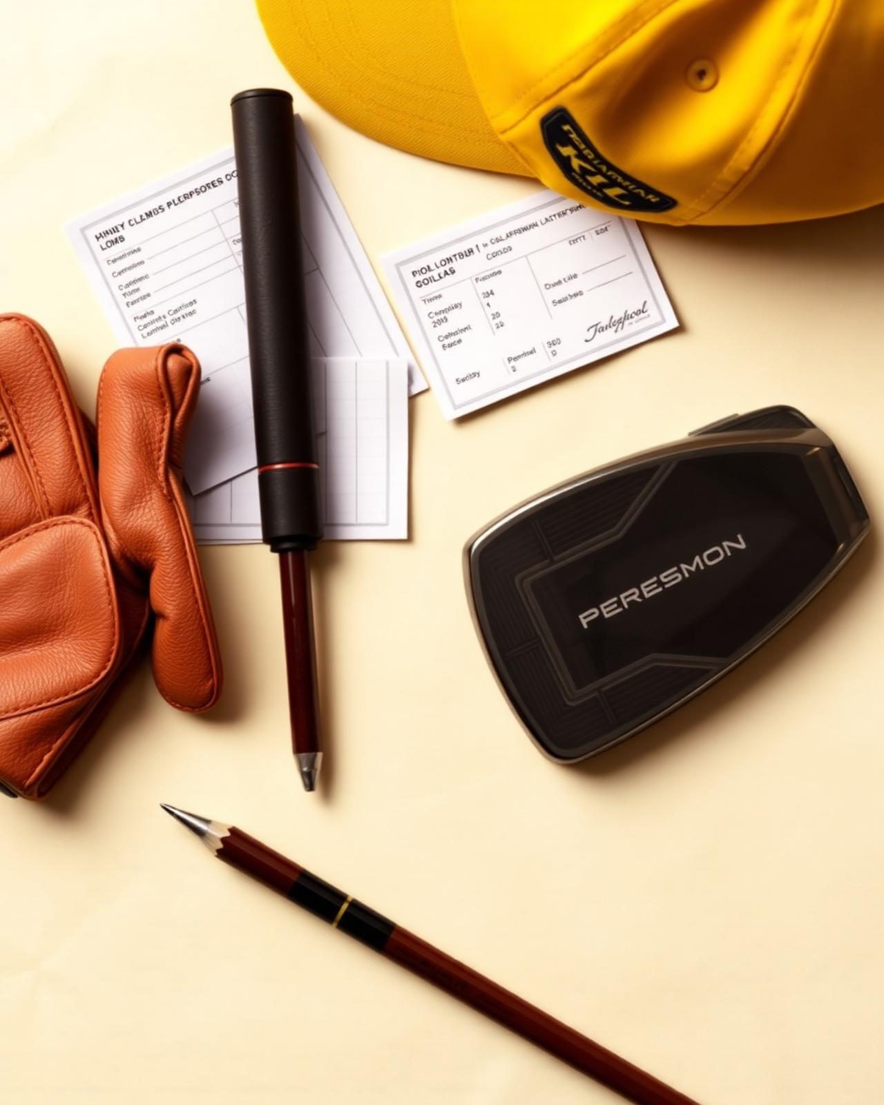 Flat lay of golf gear including a yellow cap